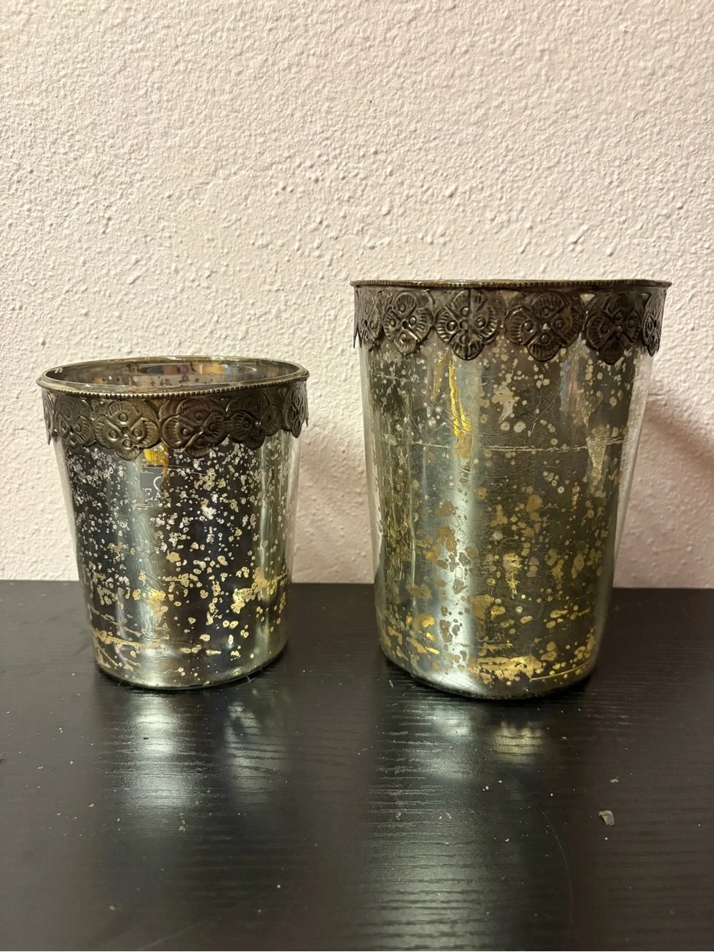 Set of 2 Mercury Glass Decorative Candle Holders Vintage Silver Votives